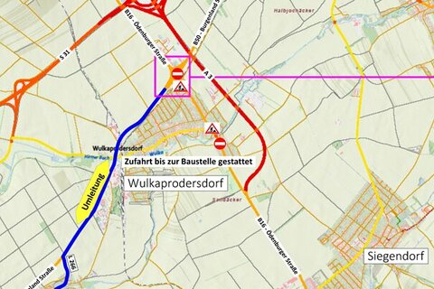 Streckenverlauf der Verkehrsumleitung während der Erneuerung der Brücke über die Wulka in Wulkaprodersdorf