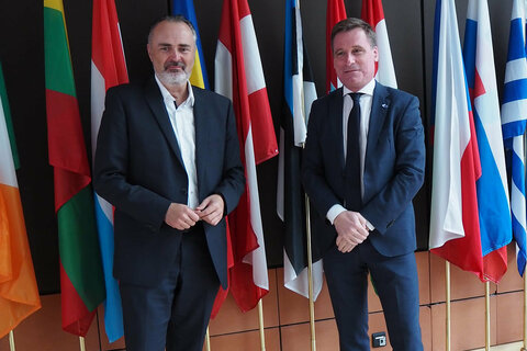 Landeshauptmann Hans Peter Doskozil traf bei seinem Brüssel-Besuch Oliver Röpke, dem Präsidenten der ArbeitnehmerInnengruppe im Europäischen Wirtschafts- und Sozialausschuss (EWSA)