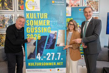 Andreas Vitásek, Intendant des KULTUR SOMMERs GÜSSING, Kultur-Betriebe-Burgenland-Geschäftsführerin Mag.a  Claudia Priber, Landesrat Dr. Leonhard Schneemann (in Vertretung von Landeshauptmann Hans Peter Doskozil).