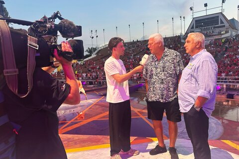 Hans Krankl und Toni Polster im Interview mit Servus TV (v.l.).