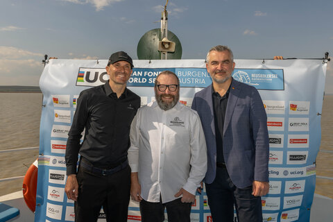 Freuen sich schon auf den Neusiedler See Radmarathon: (v.l.) Giro d’Italia-Sieger Ivan Basso, Organisator Hannes Hessenberger, Landesrat Heinrich Dorner.