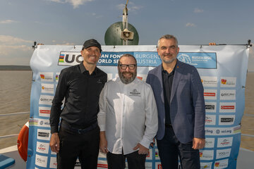 Freuen sich schon auf den Neusiedler See Radmarathon: (v.l.) Giro d’Italia-Sieger Ivan Basso, Organisator Hannes Hessenberger, Landesrat Heinrich Dorner.