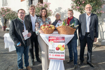 Gruppenbild zur Ankündigung des diesjährigen Apfelkulinariums von 17. bis 22. Oktober auf Burg Forchtenstein mit (v.l.n.r.) Ökonomierat Manfred Lendl (Obmann Verein Wieseninitiative), Bürgermeister DI Dr. Alexander Knaak, Landeshauptfrau-Stellvertreterin Mag.a Astrid Eisenkopf, Dipl. Ing. Brigitte Gerger (Geschäftsführerin Verein Wieseninitiative), Johann Striemitzer (Verein Wieseninitiative), Dr. Herbert Zechmeister (Kastellan Burg Forchtenstein).
