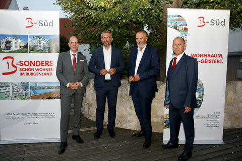 Studienleiter Peter Hajek, Unique Research, Wohnbaulandesrat Heinrich Dorner, Landeshauptmann Hans Peter Doskozil und B-SÜD-Geschäftsführer Johann Fellinger diskutierten über die aktuellen Ergebnisse einer B-SÜD-Wohnbaustudie.