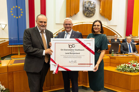 Landeshauptmann Hans Peter Doskozil, Bürgermeister Thomas Steiner und Landtagspräsidentin Astrid Eisenkopf mit der Geschenksurkunde für einen Eisenstädter Stadtbaum.