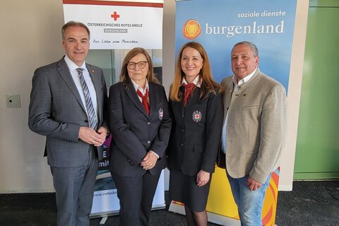 Landesrat Dr. Leonhard Schneeman, Rotes-Kreuz-Burgenland-Vizepräsidentin Mag.a Sonja Windisch, Dir. Mag. Tanja König -Landesgeschäftsführerin und Bürgermeister Helmut Sampt