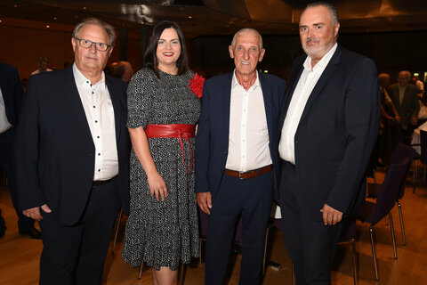 (v.l.n.r.) der frühere ÖFB-Präsident Gerhard Milletich, Landeshauptmann-Stellvertreterin Astrid Eisenkopf, BFV-Präsident Günter Benkö und Landeshauptmann Hans Peter Doskozil besuchten die Jubiläumsfeier 100 Jahre Burgenländischer Fußballverband.