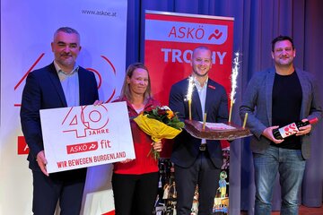 Sportlandesrat Heirnich Dorner gratulierte  ASKÖ Burgenland Präsident Maximilian Köllner, MA, und Kristin Haider-Maurer MBA, ASKÖ Burgenland, zum Jubiläum
