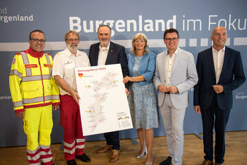 Samariterbund-Burgenland-Geschäftsführer Mag. Gerald Fitz, Rotes-Kreuz-Burgenland-Geschäftsführer Dir. Thomas Wallner, MSc, Landeshauptmann Mag. Hans Peter Doskozil, LAbg. Bgm.in Elisabeth Böhm, Bgm. Erich Trummer, Präsident Gemeindevertreterverband Burgenland und Bgm. Leo Radakovits, Präsident Burgenländischer Gemeindebund.