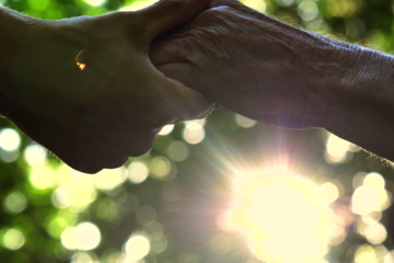 Hand einer älteren Person und Hand einer Jüngeren die sich berühren