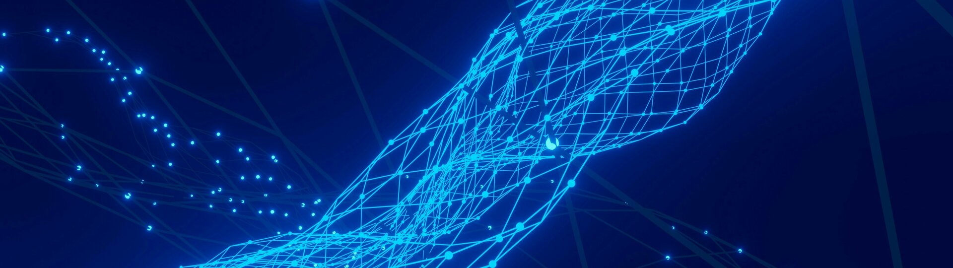 Digitale Illustration einer blauen DNA-Doppelhelix-Struktur, bestehend aus leuchtenden Punkten und Verbindungslinien, die ein Netzwerk symbolisieren, auf dunkelblauem Hintergrund.