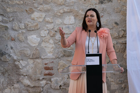 Landeshauptmann-Stellvertreterin Astrid Eisenkopf spricht bei der Ausstellungseröffnung anlässlich 500 Jahre Ruster Weinprivileg.
