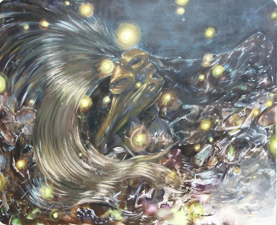 Sebastian Mittl, Black holes Do have hair, Steve said, 2019; Öl auf Leinwand; 140x170cm