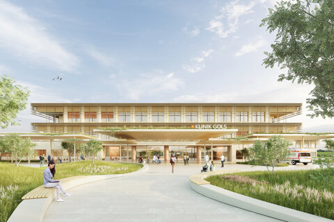 Rendering vom Haupteingang der geplanten Klinik Gols