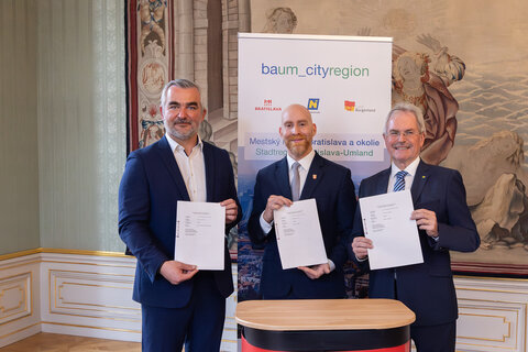 (v.l.) Burgenlands Landesrat Heinrich Dorner, Bratislavas Vizebürgermeister Jakub Mrva und der Präsident des Niederösterreichischen Landtages, Karl Wilfing, erläuterten die Pläne der Arbeitsgemeinschaft baum_cityregion.
