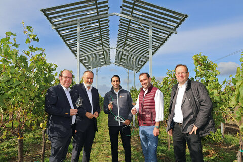EB-Vorstand Stephan Sharma zeigt den Heizdraht, der mit vor Ort erzeugtem PV-Strom gespeist wird und die Reben vor Frost schützen soll: v.l.: Winzer Andreas Liegenfeld, LH Mag. Hans Peter Doskozil, EB-Vorstand Dr. Stephan Sharma, Weintourismus Burgenland-Obmann Mag. Herbert Oschep, Oliver Eisenhöld, Bereichsleiter Energie bei der RWA (Raiffeisen Austria AG), die die Anlage errichtet hat, Winzer Andreas Liegenfeld