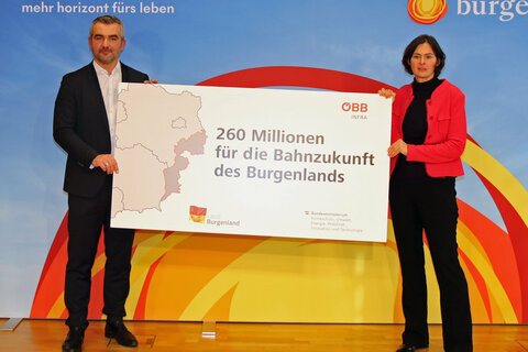 Verkehrslandesrat Mag. Heinrich Dorner mit Mag.a Silvia Angelo, Vorstandsdirektorin ÖBB-Infrastruktur AG, bei der Vorstellung und Unterzeichnung des neuen Übereinkommens zum Bahnausbau im Burgenland