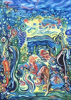 Ente, Storch und eine Fischerin am See