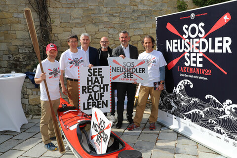 Tobias Monte, Michael Oberhauser, Infrastrukturlandesrat Heinrich Dorner, Josef Burkhardt, Bürgermeister Gerold Stagl, Freistadt Rust, und Christian Sailer, Leiter Task Force Neusiedler See