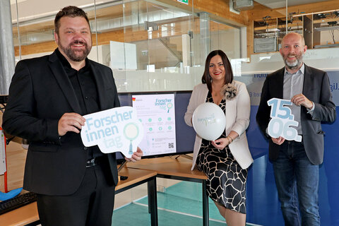 Martin Zloklikovits, Forschungskoordinator des Landes Burgenland, Landeshauptmann-Stellvertreterin Astrid Eisenkopf und Marcus Keding, Geschäftsführer der Forschung Burgenland