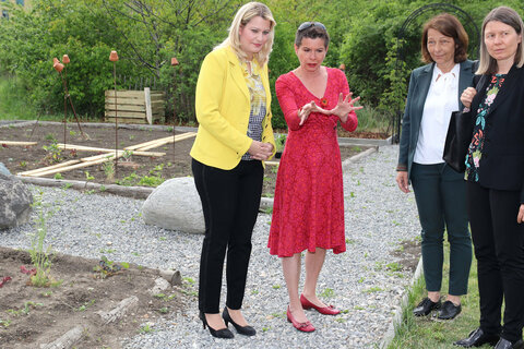 Bildungslandesrätin Daniela Winkler im Gespräch mit Gartenexpertin Uschi Zezelitsch, Angelika Maier, Kompetenzzentrum Bildung für nachhaltige Entwicklung und Rektorin Sabine Weisz