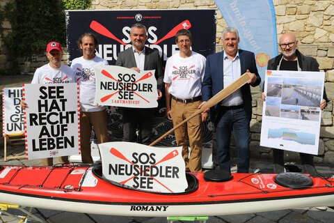 Tobias Monte, Michael Oberhauser, Infrastrukturlandesrat Heinrich Dorner, Josef Burkhardt, Bürgermeister Gerold Stagl, Freistadt Rust, und Christian Sailer, Leiter Task Force Neusiedler See