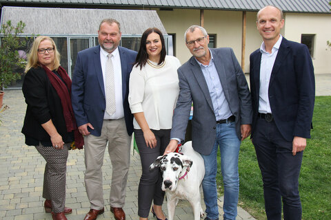 Präsentierten im Tierschutzhaus Sonnenhof das Projekt „Heimtiernotdienst“: Dr.in Yvonne Millard, Designierte Veterinärdirektorin, Mag. Thomas Neudecker, Präsident Tierärztekammer Burgenland, Tierschutzlandesrätin Mag.a Astrid Eisenkopf, Veterinärdirektor Dr. Robert Fink und Mag. Wolfgang Böck, Geschäftsführer Tierschutzhaus Sonnenhof.