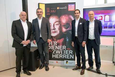 Präsentierten Details zur diesjährigen Produktion der Schloss-Spiele Kobersdorf:  v.l. Wolfgang Böck, Intendant Schloss-Spiele Kobersdorf, Landesrat Heinrich Dorner, Stephan Sharma, Vorstandsvorsitzender Burgenland Energie, Thomas Mersich, kaufm. Leitung Schloss-Spiele Kobersdorf