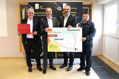 Koordinator Georg Podebradsky, Landesrat Leonhard Schneemann, Landesrat Heinrich Dorner und der Kommandant der Stadtfeuerwehr Oberwart, Philipp Rath.