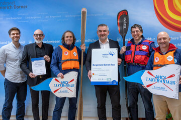 Alexander Leberl und Hauptreferatsleiter Christian Sailer vom Hauptreferat Wasserwirtschaft im Amt der burgenländischen Landesregierung, Michael Oberhauser, Landesrat Heinrich Dorner, Josef Burkhardt und Tobias Monte.