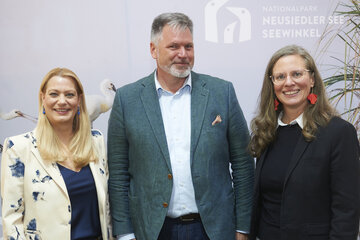 Landeshauptmann-Stellvertreterin Anja Haider-Wallner (r.) und Landesrätin Mag.a (FH) Daniela Winkler (l.) mit Nationalpark Neusiedler See - Seewinkel-Direktor DI Johannes Ehrenfeldner (Mitte).