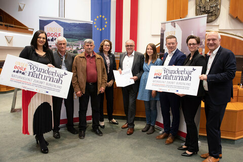 Landeshauptmann-Stellvertreterin Astrid Eisenkopf, Obfrau des Vereins UNSER DORF, mit Umweltgemeinderat Hellfried Klement, Erna Bischof, Werner Fabsits, Ehrenobmann Imkereiverein, und Obfrau Verschönerungsverein (alle drei aus Ollersdorf), Bgm Kurt Wagner und Umweltgemeinderätin Bettina Gamperl aus Wörterberg, Bgm. Bernhard Deutsch (Strem) und Marlene Hrabanek-Bunyai, Geschäftsführerin des Vereins UNSER DORF