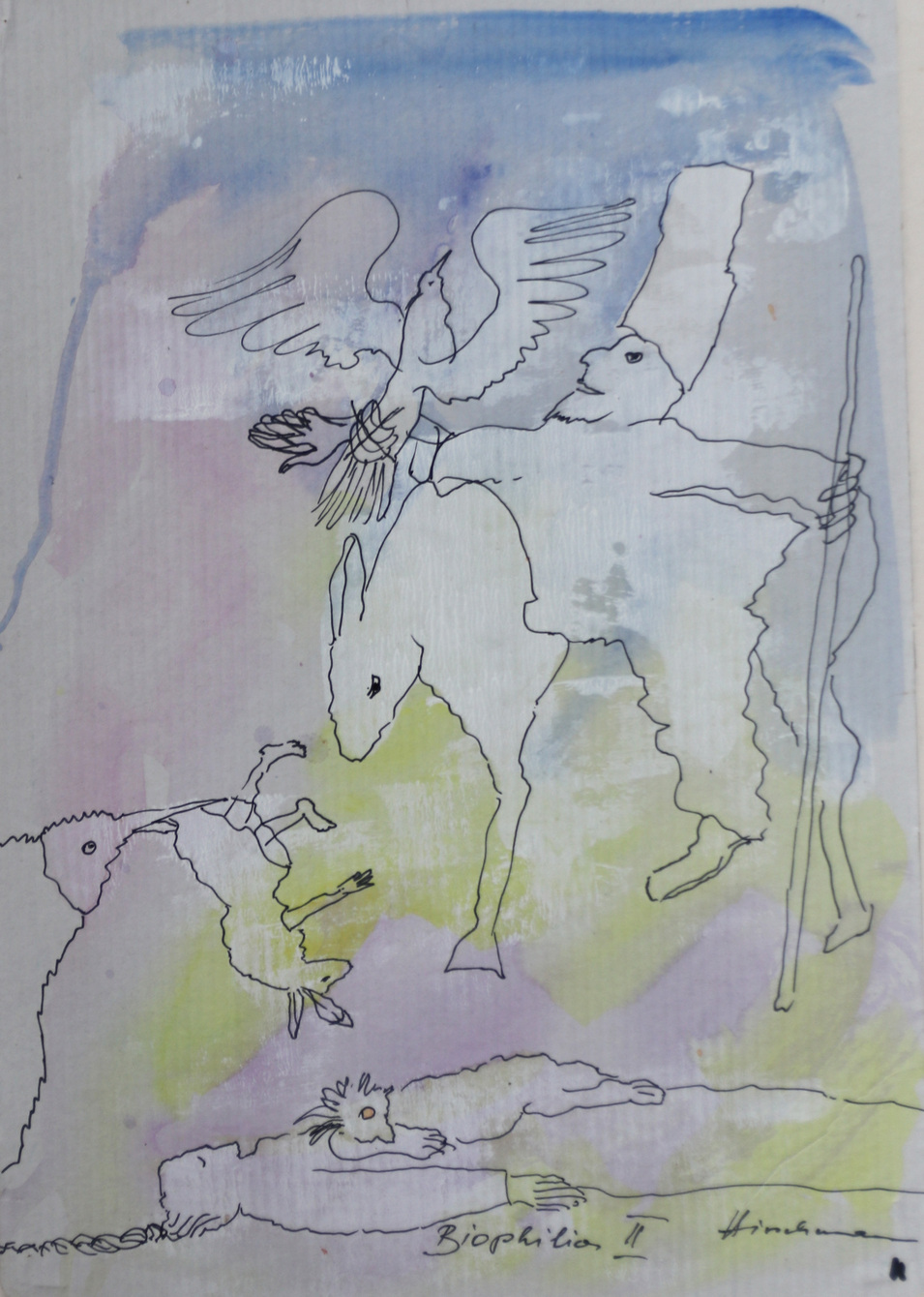 Ilse Hirschmann, Biophilla, 2018; Fineliner auf Aquarell auf Karton; 3-teilige Arbeit