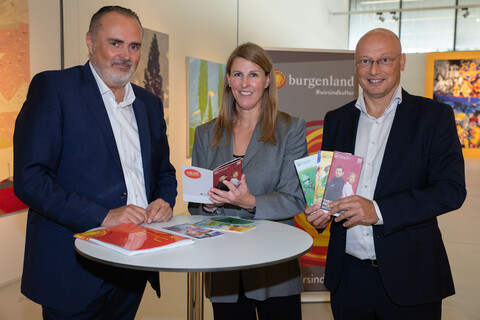 Landeshauptmann Hans Peter Doskozil präsentierte mit Kultur-Betriebe Burgenland Geschäftsführerin Barbara Weißeisen-Halwax und Thomas Mersich, Kaufmännischer Leiter bei den Kulturbetrieben Burgenland, im Kultur- und Kongresszentrum in Eisenstadt das Programm der Burgenländischen Kulturzentren 2023/2024