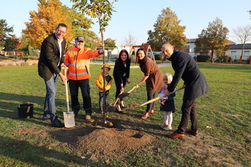 Landeshauptmann-Stellvertreterin Mag. Astrid Eisenkopf (3.v.r.), Raaberbahn-Generaldirektorin Dr. Hana Dellemann (4.v.r.) mit Bürgermeister Friedrich Zarits (links im Bild) und Vizebürgermeister René Pint (rechts im Bild) bei einer Baumpflanzungsaktion zum Jubiläum „150 Jahre Raaberbahn“ am Kinderspielplatz in Wulkaprodersdorf