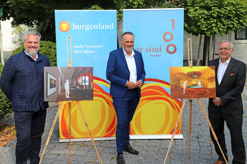 Ausstellungsgestalter Mag. Christof Cremer., Landeshauptmann Hans Peter Doskozil und Univ. Prof. Mag. DDr. Oliver Rathkolb, der Kurator der Jubiläumsausstellung, stellten das Programm rund um das Jubiläumsjahr vor.