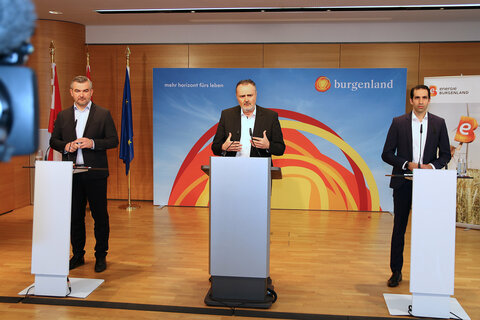 LH Hans Peter Doskozil präsentierte mit LR Heinrich Dorner und Energie Burgenland-Vorstand Stephan Sharma ein Energie-Unabhängigkeitspaket