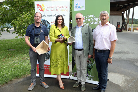 BirdLife-Geschäftsführer Gábor Wichmann, Landeshauptmann-Stellvertreterin Astrid Eisenkopf, Direktor Gerhard Müllner und Güssings Bürgermeister Vinzenz Knor (v.l.) berichteten über die Akzeptanz für Schwalben und ihre Nester im Burgenland.
