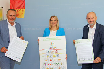 Landeshauptmann Hans Peter Doskozil mit Familien- und Bildungslandesrätin Daniela Winkler und Bildungsdirektor Heinz Josef Zitz