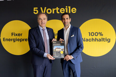 Landesrat Dr. Leonhard Schneemann und Mag. Dr. Stephan Sharma, Vorstandsvorsitzender der Burgenland Energie AG, präsentierten ein Gemeindepaket zum Thema Energiesicherheit.