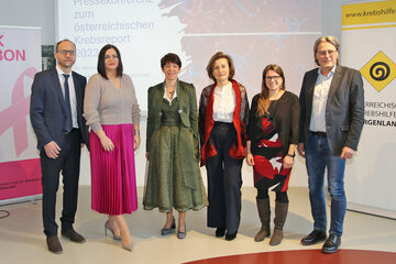 Präsentierten den Österreichischen Krebsreport 2023 sowie die Leistungsbilanz und Arbeitsschwerpunkte der Krebshilfe Burgenland: v.l. Prim. Dr. Marco Hassler, Vizepräsident der Österreichischen Krebshilfe Burgenland, LH-Stv.in Mag.a Astrid Eisenkopf, Dr.in Michaela Klein, Präsidentin der Österreichischen Krebshilfe Burgenland, Mag.a Andrea Konrath, GFin der Krebshilfe Burgenland, Mag.a Anja Skarits-Haas, Psychoonkologin, mit Bgm. Gerhard Hutter