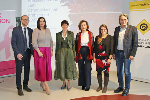 Präsentierten den Österreichischen Krebsreport 2023 sowie die Leistungsbilanz und Arbeitsschwerpunkte der Krebshilfe Burgenland: v.l. Prim. Dr. Marco Hassler, Vizepräsident der Österreichischen Krebshilfe Burgenland, LH-Stv.in Mag.a Astrid Eisenkopf, Dr.in Michaela Klein, Präsidentin der Österreichischen Krebshilfe Burgenland, Mag.a Andrea Konrath, GFin der Krebshilfe Burgenland, Mag.a Anja Skarits-Haas, Psychoonkologin, mit Bgm. Gerhard Hutter