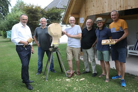 Landeshauptmann Hans Peter Doskozil mit den Künstlern Gerhard Altmann, Gustav Just, Veranstalter Harro Pirch, Manfred Leirer und Daniel Bucur (v.l.)