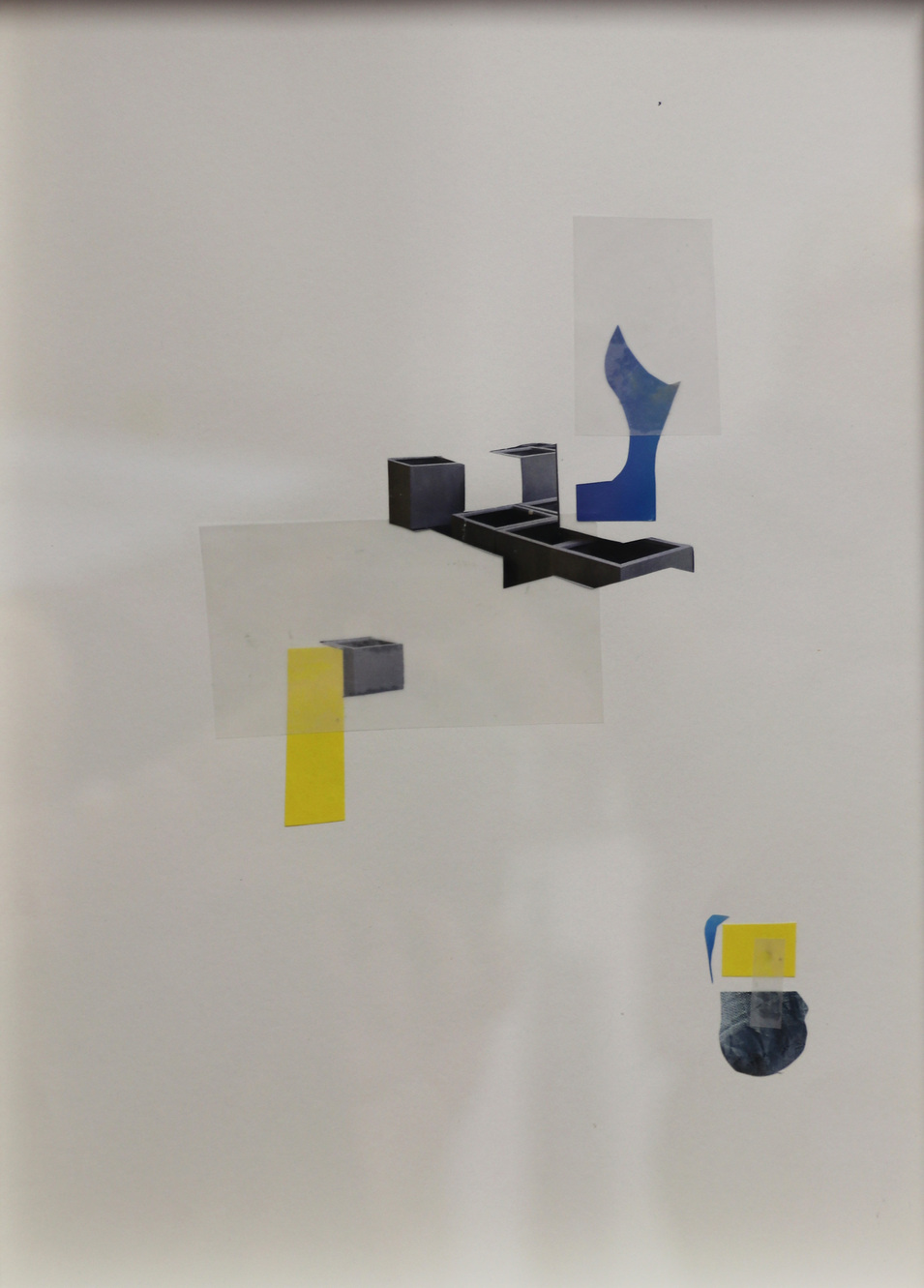 Florian Hareter, feuchte Gehsteige, 2019; Collage und Grafiken; vier Stk. 21x29,7cm gerahmt, ein Stk. 21x29,7