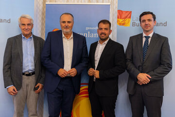 Univ.-Prof. Dr. Stephan Kriwanek, medizinischer Geschäftsführer Gesundheit Burgenland, Landeshauptmann Hans Peter Doskozil sowie LAbg. Kilian Brandstätter, Bürgermeister der Marktgemeinde Gols, und Dr. Peter Ivankovics, begleitender Anwalt der Marktgemeinde Gols.