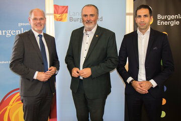 Mag. Franz Öller, MBA, MPH, kaufmännischer Geschäftsführer der Gesundheit Burgenland, Landeshauptmann Mag. Hans Peter Doskozil und Mag. Dr. Stephan Sharma, Vorstandsvorsitzender der Burgenland Energie.