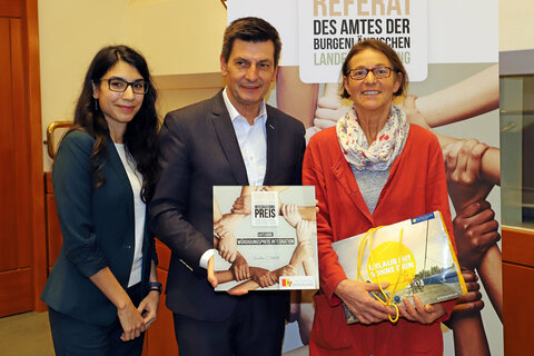 Soziallandesrat Christian Illedits und Integrationsbeauftragte Sanya Neinawaie mit allen PreisträgerInnen des „Burgenländischen Integrationspreises 2019/2020“