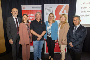 v.l.: Josef Buranits, Vorsitzender des Volksgruppenbeirates der Burgenlandkroatinnen und Kroaten, Sabine Weisz, Rektorin der Privaten Pädagogischen Hochschule Burgenland, Attila Somogyi, Vorsitzender des Volksgruppenbeirates der Ungarinnen und Ungarn, LRin Daniela Winkler, Karin Vukman Artner, Leiterin der Abteilung Päd/2 Minderheitenschulwesen, Bildungsdirektion für Burgenland, Emmerich Gärtner-Horvath, Vorsitzender des Volksgruppenbeirates der Rom:nja