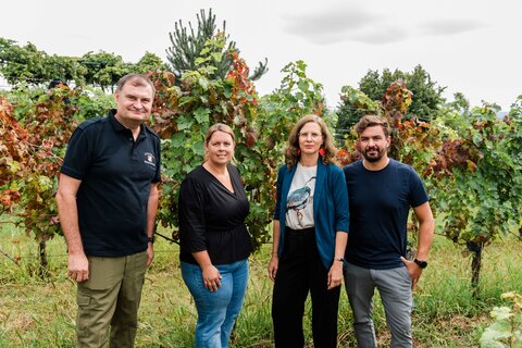 Reinhold Krutzler (Winzer, Obmann Eisenberg DAC), Kathrin Stubits (Winzerin), Landeshauptmann-Stellvertreterin Anja Haider-Wallner und Christoph Wachter (Winzer)
