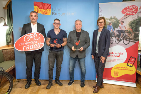 V.l. LR Heinrich Dorner, Michael Müllner (Rohrdorfer Transportbeton GmbH, 3. Platz und bester Neueinsteiger), Gerhard Lengyel (Drahteselstore by Gerhard Lengyel, 1. Platz, auch österreichweit 1. in dieser Kategorie), Christine Zopf-Renner, Leiterin Mobilitätszentrale Burgenland